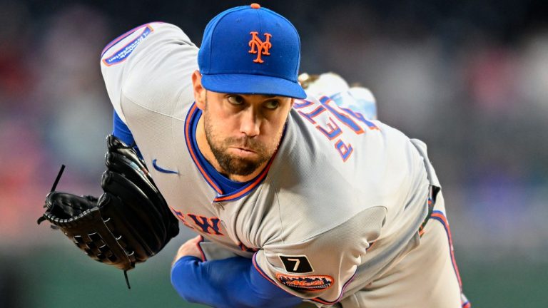 New York Mets starting pitcher David Peterson follows through on a throw during the second inning of a baseball game against the Washington Nationals Tuesday, Aug. 19, 2025, in Washington. (John McDonnell/AP)