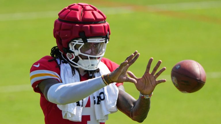Kansas City Chiefs wide receiver Rashee Rice catches a ball during Back Together Weekend at the team's NFL football training camp, Sunday, July 27, 2025, in St. Joseph, Mo. (Charlie Riedel/AP)