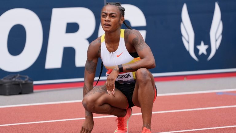 Sha'Carri Richardson reacts after her women's 200-metter semifinals during the U.S. Championships athletics meet in Eugene, Ore.,Sunday, Aug. 3, 2025. (Ashley Landis/AP)