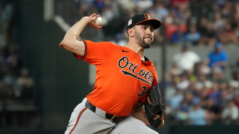 Baltimore Orioles starting pitcher Grayson Rodriguez works against the Texas Rangers during a baseball game Saturday, July 20, 2024, in Arlington, Texas. (Jeffrey McWhorter/AP)