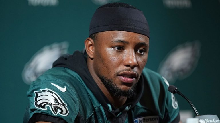 Philadelphia Eagles' Saquon Barkley speaks during a news conference at NFL football minicamp, Tuesday, June 10, 2025, in Philadelphia.(Matt Rourke/AP)