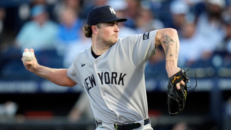 New York Yankees pitcher Cam Schlittler delivers to the Tampa Bay Rays during the first inning of a baseball game Wednesday, Aug. 20, 2025, in Tampa, Fla. (Chris O'Meara/AP)