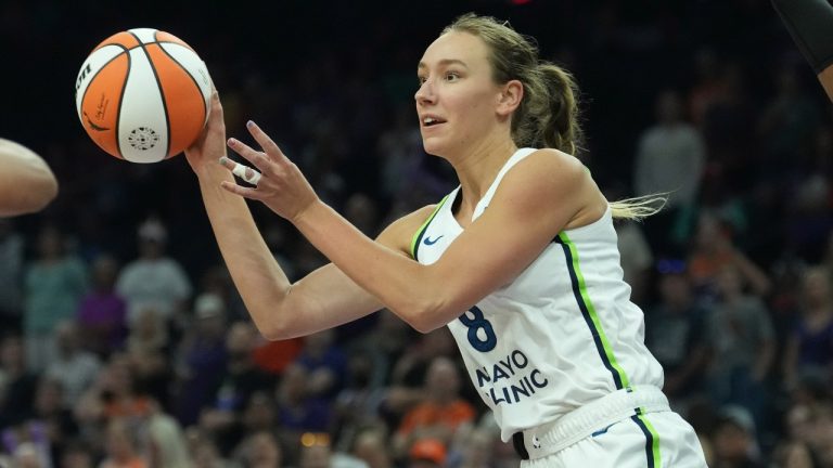 Minnesota Lynx forward Alanna Smith passes the ball against the Phoenix Mercury during the first half of a WNBA basketball game Wednesday, July 9, 2025, in Phoenix. (Ross D. Franklin/AP)