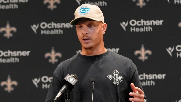 New Orleans Saints quarterback Spencer Rattler responds to questions during a news conference after a loss to the Denver Broncos in an NFL preseason football game Saturday, Aug. 23, 2025, in New Orleans. (Gerlad Herbert/AP)