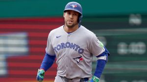 Toronto Blue Jays' George Springer rounds the bases after hitting a home run during the first inning of a baseball game against the Pittsburgh Pirates Wednesday, Aug. 20, 2025, in Pittsburgh. (Matt Freed/AP Photo)