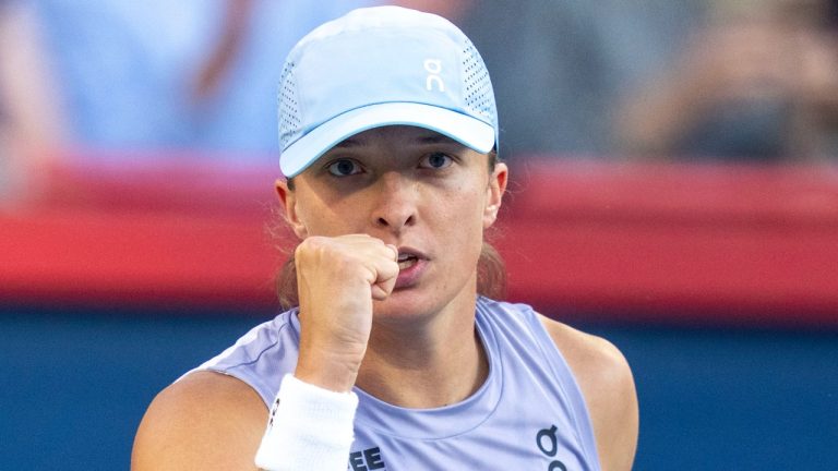 Iga Swiatek of Poland reacts during her game against Eva Lys of Germany during third round tennis action at the National Bank Open in Montreal, Friday, Aug. 1, 2025. (Christinne Muschi/CP)