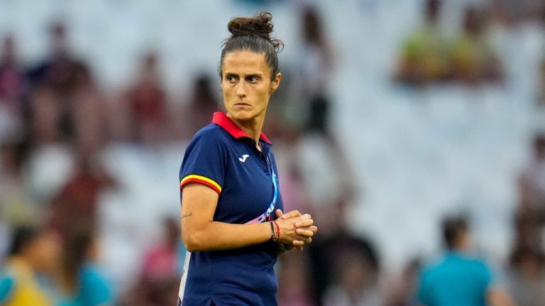 Spain head coach Montse Tome looks on prior to a women's semifinal soccer match between Brazil and Spain at the 2024 Summer Olympics, Tuesday, Aug. 6, 2024, at Marseille Stadium in Marseille, France. Brazil won 4-2. (Julio Cortez/AP)