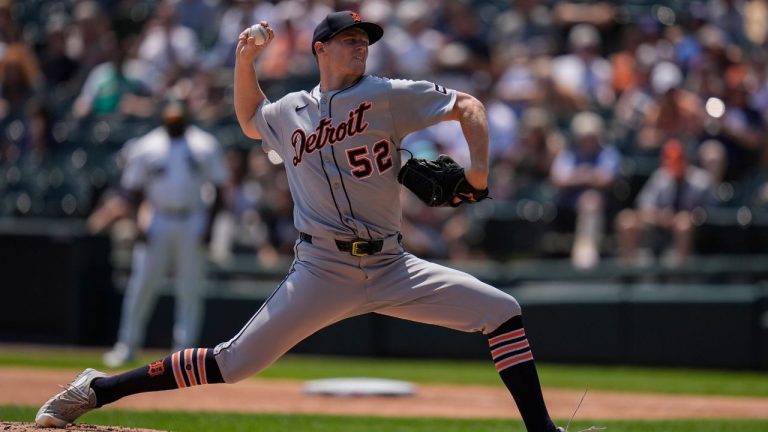 Detroit Tigers starting pitcher Troy Melton (52) throws against the Chicago White Sox during the first inning of a baseball game Wednesday, Aug. 13, 2025, in Chicago. (Erin Hooley/AP)