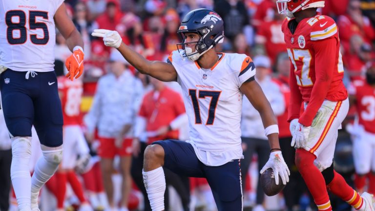 Denver Broncos wide receiver Devaughn Vele celebrates a first down catch during the second half of an NFL football game against the Kansas City Chiefs, Sunday, Nov. 10, 2024 in Kansas City, Mo. The Chiefs defeated the Broncos, 16-14. (Reed Hoffmann/AP)