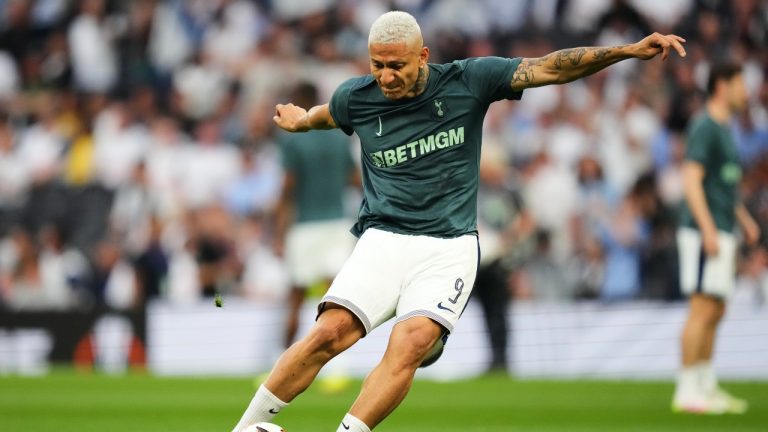 Tottenham's Yves Bissouma warms up before the Europa League semifinal first leg soccer match between Tottenham Hotspur and Bodo/Glimt at the White Hart Lane stadium in London, Thursday, May 1, 2025. (Kirsty Wigglesworth/AP)