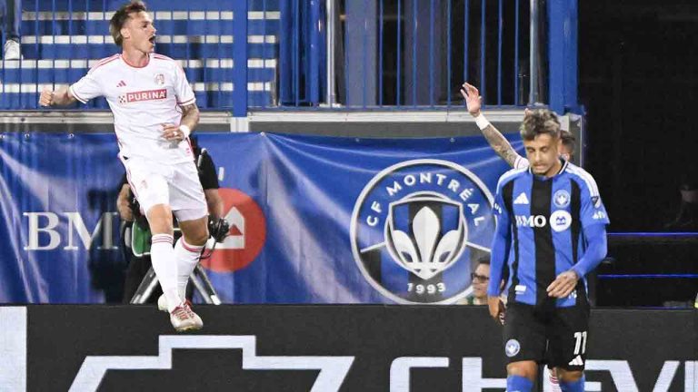 St. Louis City's Conrad Wallem, left, reacts after scoring against CF Montreal during first half MLS soccer action in Montreal, Saturday, Sept. 13, 2025. (Graham Hughes/CP)