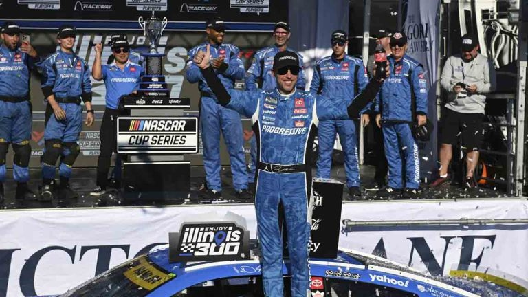 Denny Hamlin, center, celebrates after winning a NASCAR Cup Series auto race at World Wide Technology Raceway, Sunday, Sept. 7, 2025, in Madison, Ill. (Connor Hamilton/AP)