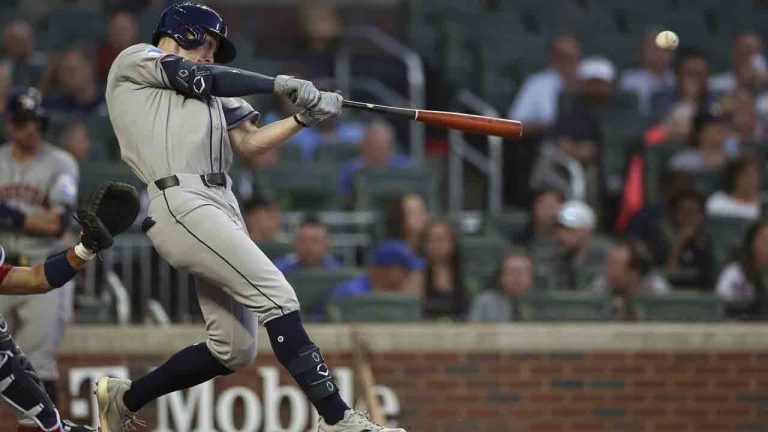 Houston Astros' Zach Cole hits a two-run home run in his first career at-bat in the third inning of a baseball game against the Atlanta Braves, Friday, Sept. 12, 2025, in Atlanta. (Colin Hubbard/AP)