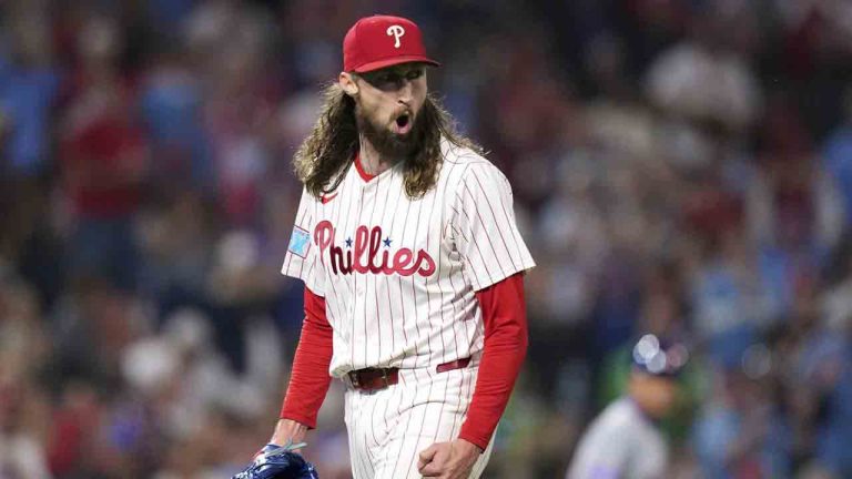 Philadelphia Phillies pitcher Matt Strahm reacts after New York Mets' Juan Soto grounded out during the eighth inning of a baseball game Monday, Sept. 8, 2025, in Philadelphia. (Matt Slocum/AP)
