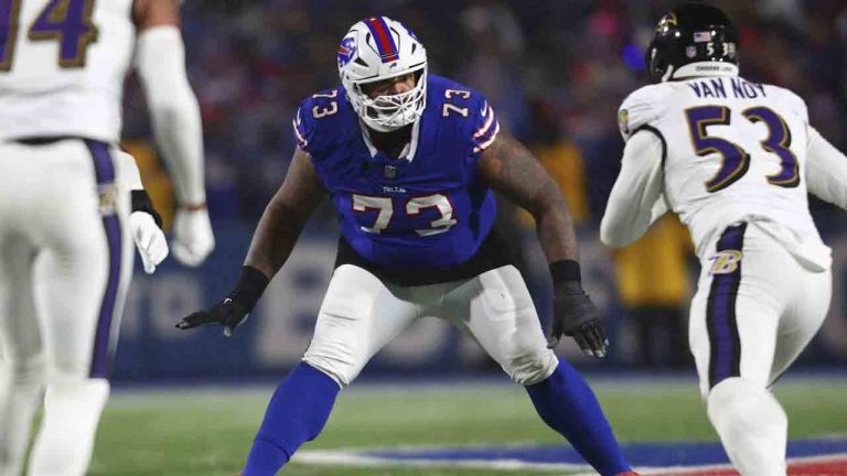 Buffalo Bills offensive tackle Dion Dawkins (73) looks to block during the second half of an NFL football divisional playoff game against the Baltimore Ravens in Orchard Park, N.Y., Jan. 19, 2025. (Jeffrey T. Barnes/AP)