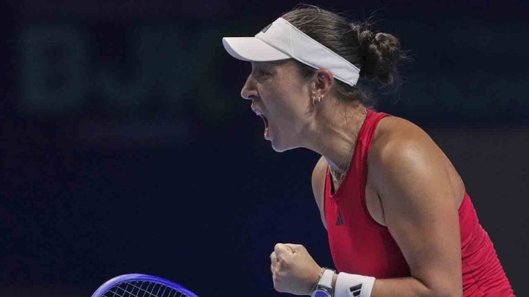 Jessica Pegula, of the United States celebrates after defeating Katie Boulter, of Britain in the Billie Jean King Cup semifinals tennis match, at the Shenzhen Bay Sports Center Arena, in Shenzhen, China's Guangdong province, Saturday, Sept. 20, 2025. (Andy Wong/AP)
