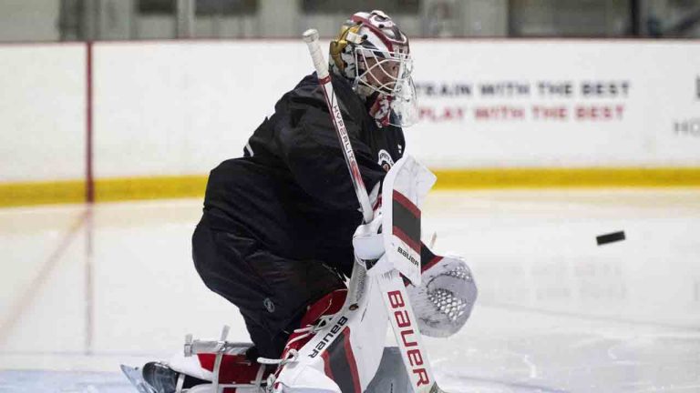 Ottawa Senators goalie Linus Ullmark (35) blocks a shot during training camp at the Sensplex in Ottawa, on Thursday, Sept. 18, 2025. (Spencer Colby/CP)