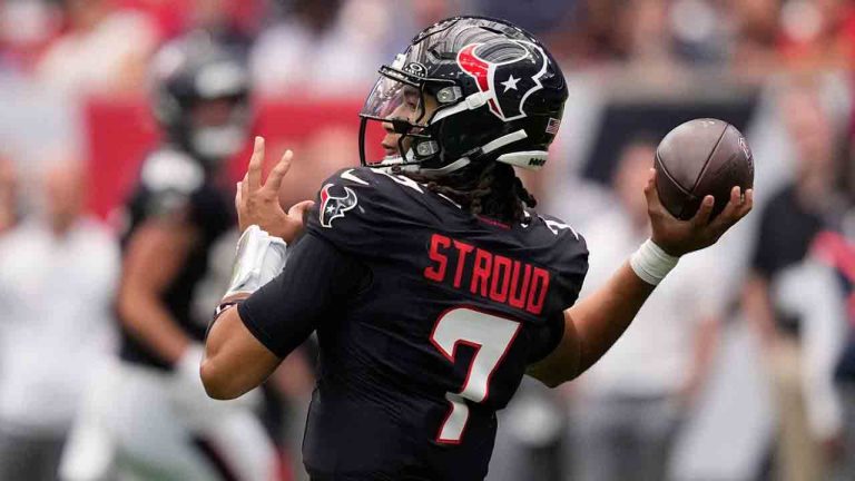 Houston Texans quarterback C.J. Stroud (7) looks to throw a pass during the second half of an NFL football game against the Tennessee Titans, Sunday, Sept. 28, 2025, in Houston. (David J. Phillip/AP)