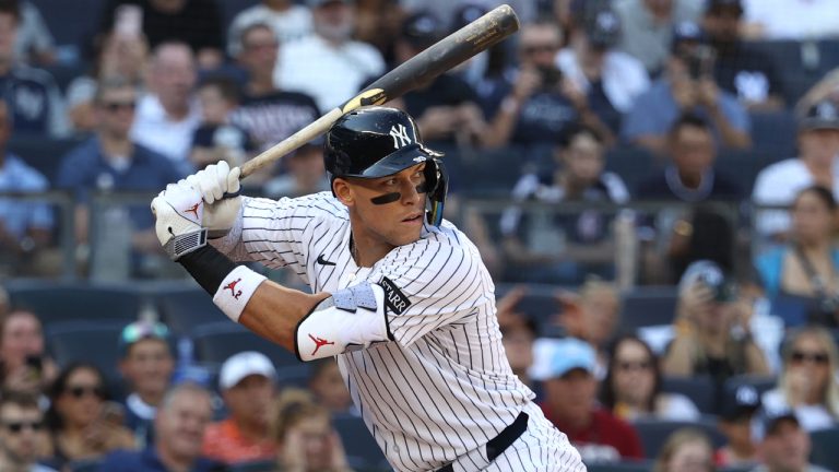 New York Yankees' Aaron Judge bats during the first inning of a baseball game against the Baltimore Orioles Sunday, Sept. 28, 2025, in New York. (Pamela Smith/AP)