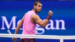 Carlos Alcaraz, of Spain, reacts during the men's singles final of the U.S. Open tennis championships against Jannik Sinner, of Italy, Sunday, Sept. 7, 2025, in New York. (Frank Franklin/AP)