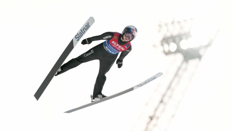 Alexandria Loutitt, of Canada, soars through the air during her first round jump of the ski jumping women's large hill individual competition at the Nordic World Ski Championships in Trondheim, Norway, Friday, March 7, 2025. (Matthias Schrader/AP)