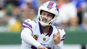 Buffalo Bills quarterback Josh Allen (17) passes against the New York Jets during the second quarter of an NFL football game, Sunday, Sept. 14, 2025, in East Rutherford, N.J. (Yuki Iwamura/AP)