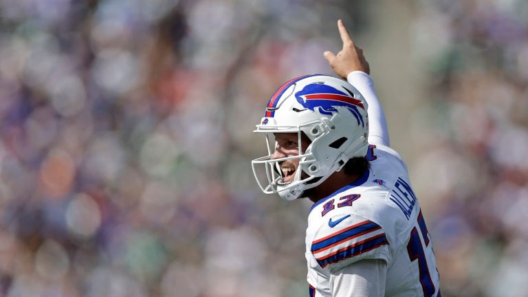 Buffalo Bills quarterback Josh Allen (17) reacts after a touchdown during an NFL football game against the New York Jets, Sunday, Sept. 14, 2025, in East Rutherford, N.J. (Adam Hunger/AP)