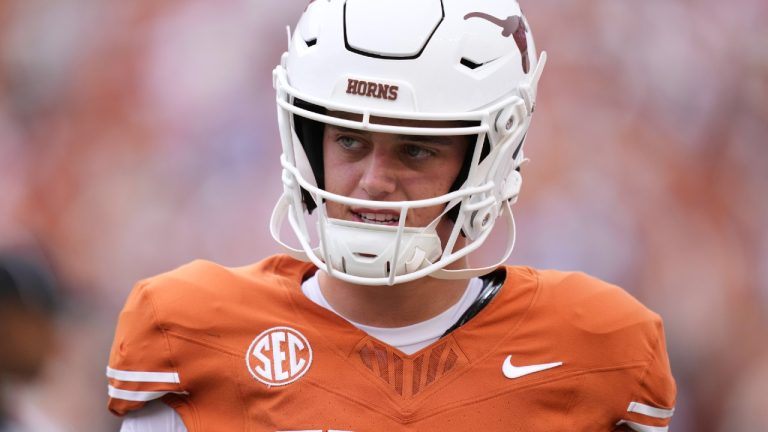 Texas quarterback Arch Manning stands on the sidelines during the second half of an NCAA college football game against San Jose State in Austin, Texas, Saturday, Sept. 6, 2025. (Eric Gay/AP)