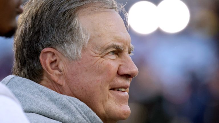 North Carolina head coach Bill Belichick watches as his team warms up before an NCAA college football game against TCU, Monday, Sept. 1, 2025, in Chapel Hill, N.C. (AP Photo/Chris Seward)