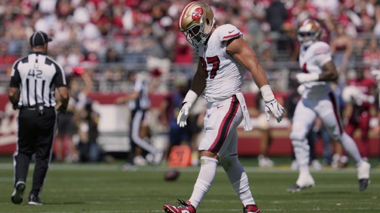 San Francisco 49ers defensive end Nick Bosa walks off the field during the first half of an NFL game against the Arizona Cardinals, Sunday, Sept. 21, 2025, in Santa Clara, Calif. (AP/Godofredo A. Vásquez)