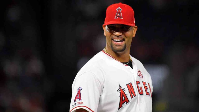 Los Angeles Angels first baseman Albert Pujols smiles during the fifth inning of the team's baseball game against the Boston Red Sox on Friday, Aug. 30, 2019, in Anaheim, Calif. (Mark J. Terrill/AP)