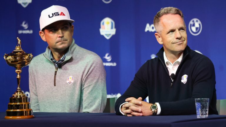 U.S. Ryder Cup golf team captain Keegan Bradley, left, and Team Europe captain Luke Donald during a press conference in New York, Tuesday, Oct. 8, 2024. (Heather Khalifa/AP)