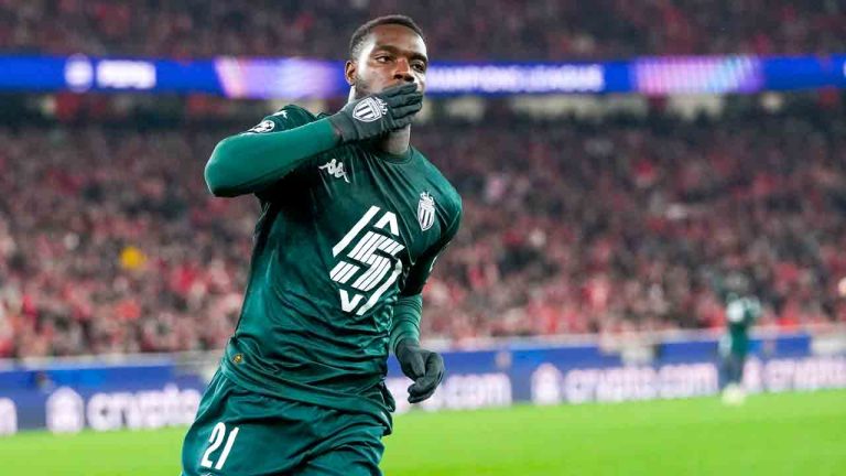Monaco's George Ilenikhena celebrates after scoring his side's third goal during a Champions League playoff second leg soccer match between SL Benfica and AS Monaco at the Luz stadium in Lisbon, Tuesday, Feb. 18, 2025. (Armando Franca/AP)
