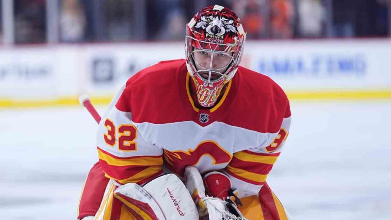 Calgary Flames' Dustin Wolf plays during an NHL hockey game Tuesday, March 4, 2025, in Philadelphia. (Matt Slocum/AP)