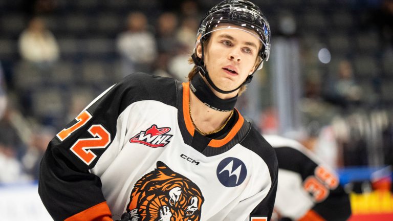 Medicine Hat Tigers' Gavin McKenna warms up before a Memorial Cup game in Rimouski, Que., on Friday, May 23, 2025. (Christopher Katsarov/CP)