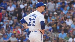 Toronto Blue Jays pitcher Jeff Hoffman (23) looks on after giving a solo home run to Milwaukee Brewers outfielder Christian Yelich during ninth inning MLB baseball action in Toronto on Saturday, August 30, 2025. (Frank Gunn/CP)