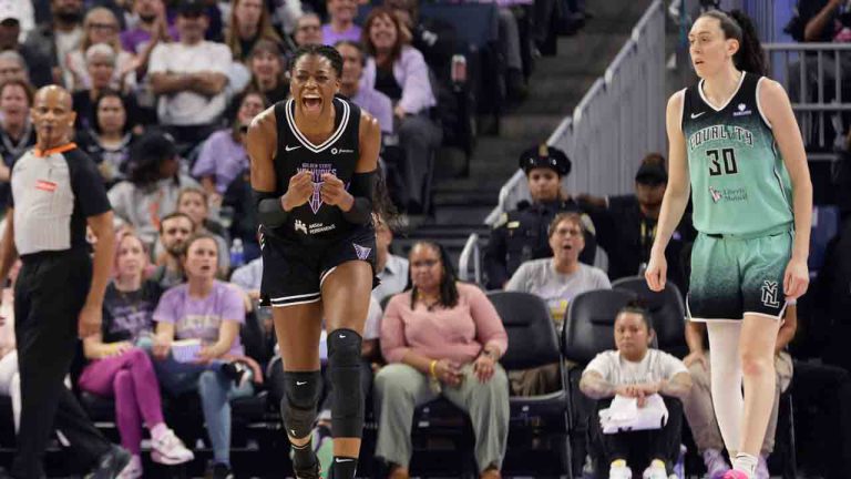 Golden State Valkyries centre Temi Fagbenle celebrates a turnover in the second quarter during a WNBA game against the New York Liberty in San Francisco, Tuesday, Sept. 2, 2025. (Santiago Mejia/San Francisco Chronicle via AP)
