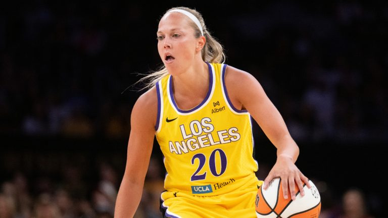 Los Angeles Sparks guard Julie Allemand dribbles during the first half of a WNBA game against the Indiana Fever Friday, Aug. 29, 2025, in Los Angeles. (Kyusung Gong/AP)