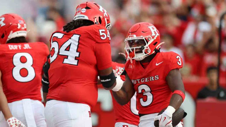 Rutgers Antwan Raymond (3) celebrates a touchdown with teammate Taj White (54) against Miami (OH) during an NCAA football game on Saturday, Sept. 6, 2025, in Piscataway, N.J. (Gregory Payan/AP)