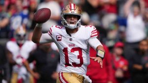 San Francisco 49ers quarterback Brock Purdy throws against the Seattle Seahawks during an NFL football game Sunday, Sept. 7, 2025 in Seattle. (Lindsey Wasson/AP)