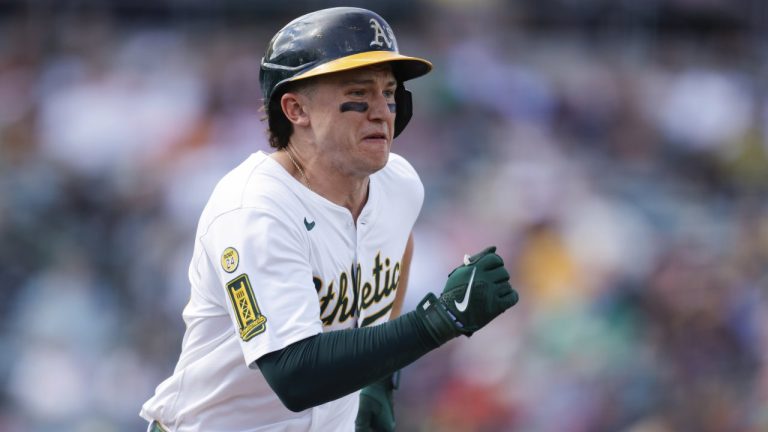 Athletics' Zack Gelof beats the throw for a singe during the eighth inning of a baseball game against the Boston Red Sox Wednesday, Sept. 10, 2025, in West Sacramento, Calif. (AP Photo/Sergio Estrada)