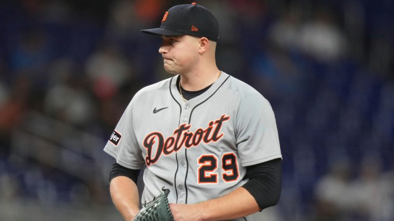 Detroit Tigers starting pitcher Tarik Skubal  stands on the mound during the second inning of a game against the Miami Marlins, Friday, Sept. 12, 2025, in Miami. (Lynne Sladky/AP)