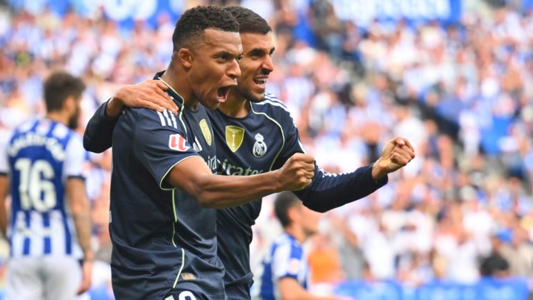 Kylian Mbappe and Dani Ceballos react during the La Liga match between Real Sociedad and Real Madrid at the Reale Arena in San Sebastian, Spain, Saturday, Sept. 13, 2025. (Miguel Oses/AP)