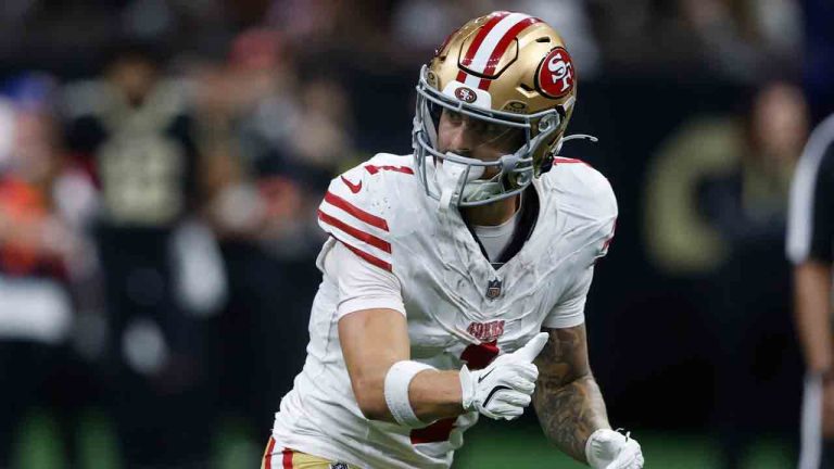 San Francisco 49ers wide receiver Ricky Pearsall (1) runs a route during the second half of an NFL football game against the New Orleans Saints, Sunday, Sept. 14, 2025, in New Orleans. (Butch Dill/AP)