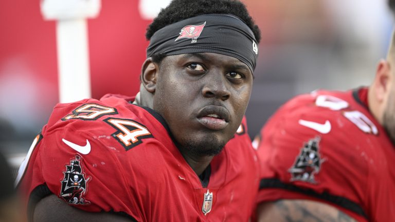 Tampa Bay Buccaneers defensive tackle Calijah Kancey (94) looks on from the sideline during the second half of an NFL football game against the Las Vegas Raiders, Dec. 8, 2024, in Tampa, Fla. (Phelan M. Ebenhack/AP)