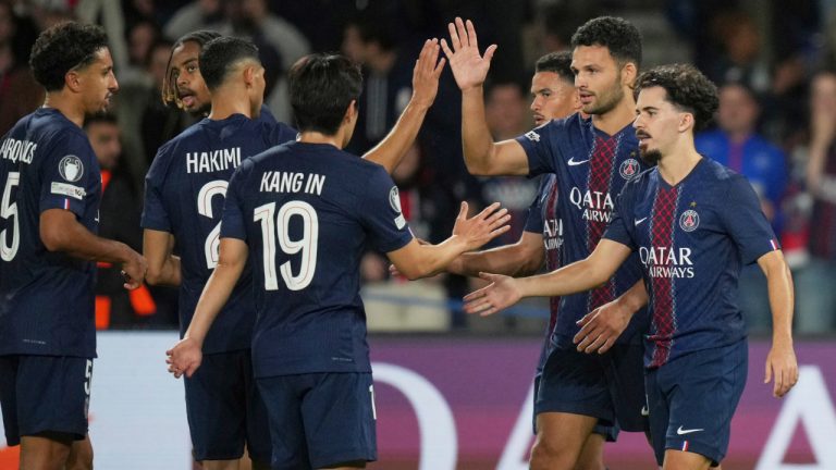 PSG's Goncalo Ramos celebrates with teammates after scoring his side's fourth goal during the Champions League opening phase soccer match between Paris Saint-Germain and Atalanta, Wednesday, Sept. 17, 2025. (Thibault Camus/AP)