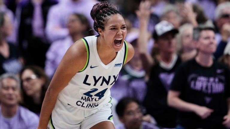 Minnesota Lynx forward Napheesa Collier celebrates after making a three-point basket during the second half of Game 2 in the first round of the WNBA playoffs against the Golden State Valkyries, Wednesday, Sept. 17, 2025, in San Jose, Calif. (Godofredo A. Vásquez/AP)