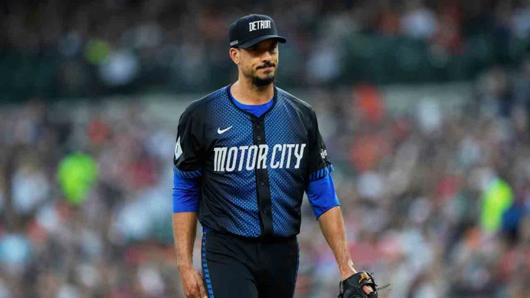 Detroit Tigers starting pitcher Charlie Morton reacts while walking back to the dugout during the first inning of a baseball game against the Atlanta Braves, Friday, Sept. 19, 2025, in Detroit. (Ryan Sun/AP)