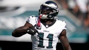 Philadelphia Eagles wide receiver A.J. Brown celebrates after scoring during the second half of an NFL game against the Los Angeles Rams Sunday, Sept. 21, 2025, in Philadelphia. (Matt Slocum/AP)