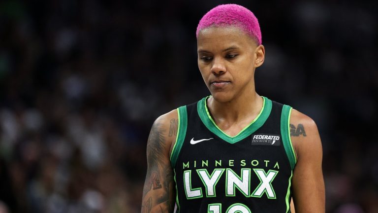 Minnesota Lynx guard Courtney Williams (10) looks on during the second half of Game 2 of a WNBA basketball playoff semifinals series against the Phoenix Mercury Tuesday, Sept. 23, 2025, in Minneapolis. (AP Photo/Matt Krohn)